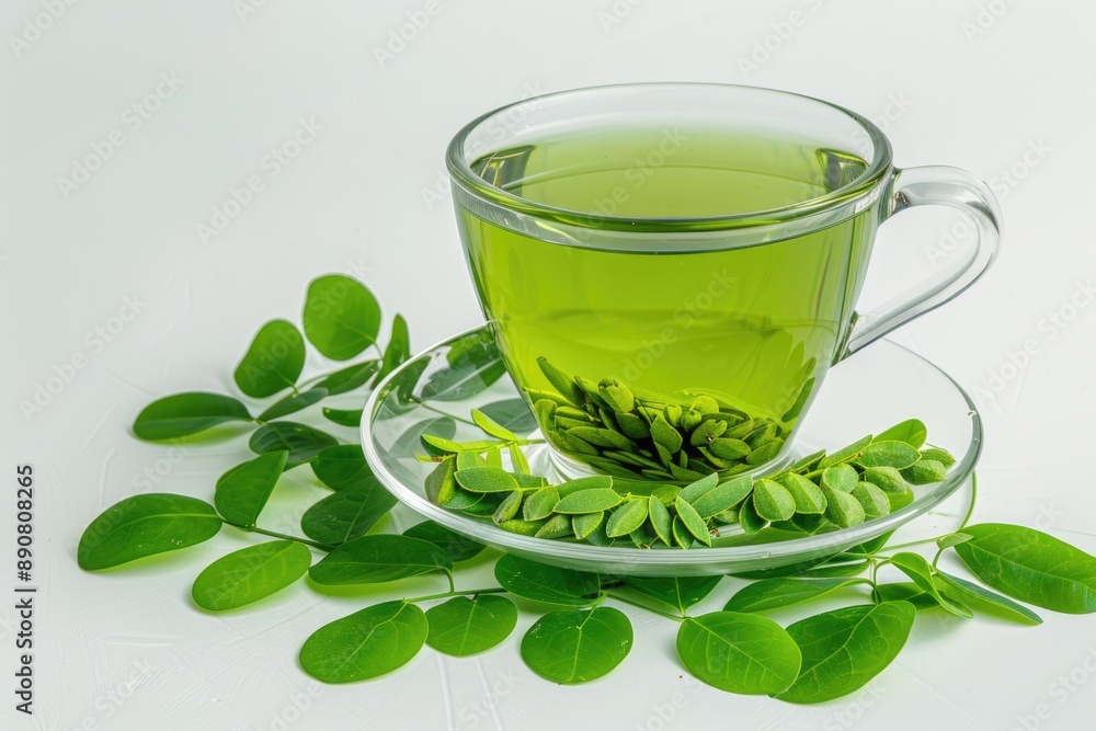 A delicate arrangement of green tea leaves on a plate, perfect for a soothing cup or as a decorative accent A delicate arrangement of green tea leaves on a plate, perfect for a soothing cup or as a decorative accent