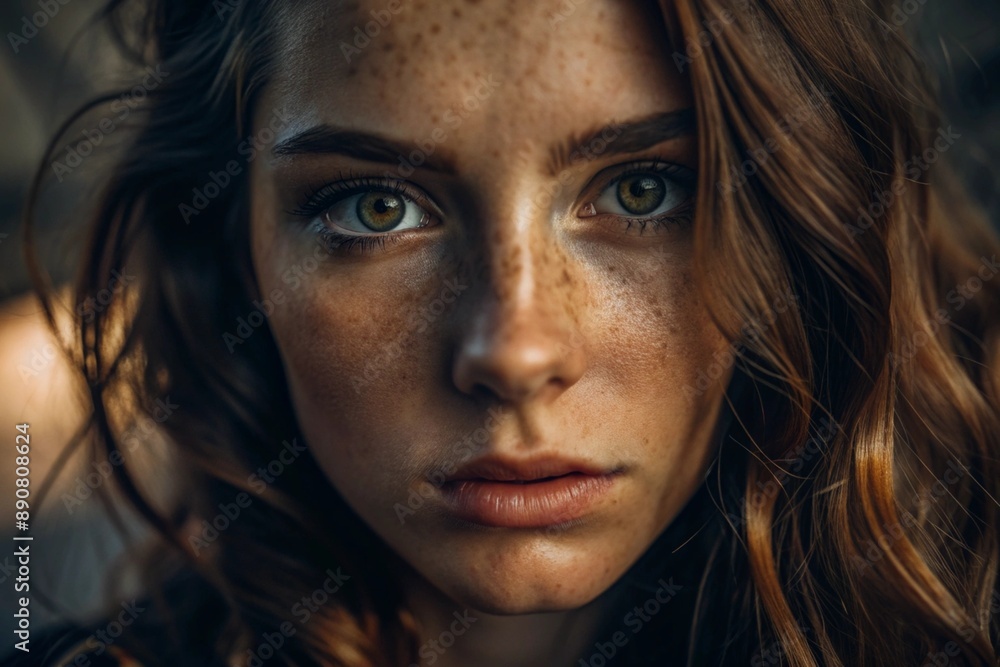 A deep, emotional portrait. The face of a young girl without makeup with expressive eyes and curly brown hair. Natural female beauty. A deep, emotional portrait. The face of a young girl without makeup with expressive eyes and curly brown hair. Natural female beauty.