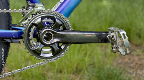 mountain bike double crankset detail with pedal (new shiny high end gray grey gunmetal) chain front derailleur on blue frame bicycle cycling biking riding gear components