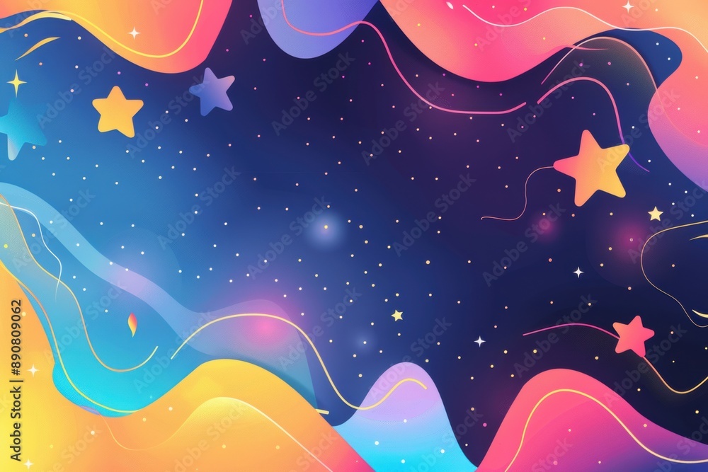 Abstract illustration of a starry night with colorful waves and stars. Abstract illustration of a starry night with colorful waves and stars.