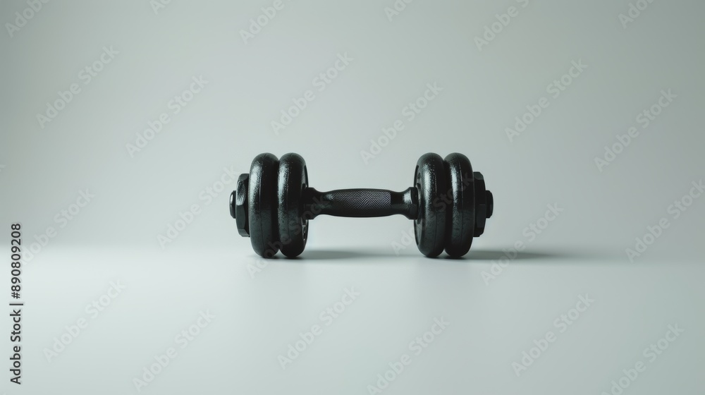 A dumbbell, a free weight used in strength training, rests on a plain white backdrop. A dumbbell, a free weight used in strength training, rests on a plain white backdrop.