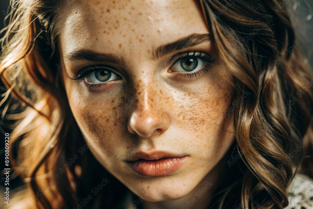 A deep, emotional portrait. The face of a young girl without makeup with expressive eyes and curly brown hair. Natural female beauty. A deep, emotional portrait. The face of a young girl without makeup with expressive eyes and curly brown hair. Natural female beauty.