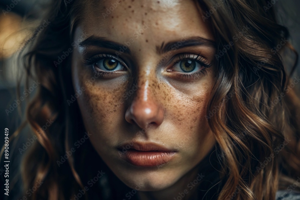 A deep, emotional portrait. The face of a young girl without makeup with expressive eyes and curly brown hair. Natural female beauty. A deep, emotional portrait. The face of a young girl without makeup with expressive eyes and curly brown hair. Natural female beauty.