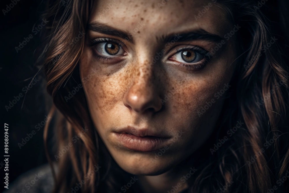 A deep, emotional portrait. The face of a young girl without makeup with expressive eyes and curly brown hair. Natural female beauty. A deep, emotional portrait. The face of a young girl without makeup with expressive eyes and curly brown hair. Natural female beauty.