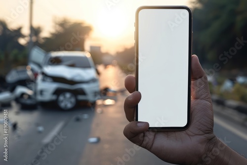 Man hold close up Smartphone with mockup white screen on road with car accident blurred background