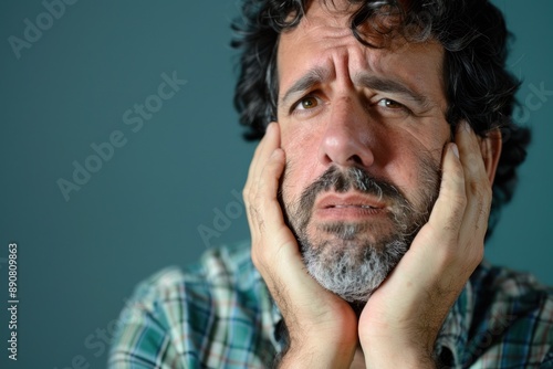 Man with toothache holds her cheek with painful expression on face