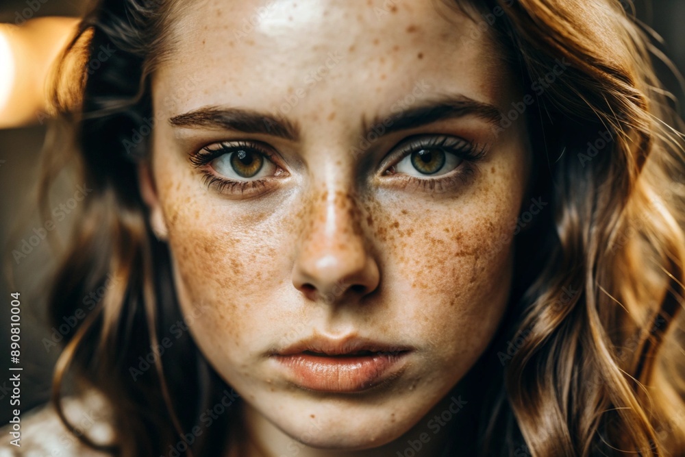 A deep, emotional portrait. The face of a young girl without makeup with expressive eyes and curly brown hair. Natural female beauty. A deep, emotional portrait. The face of a young girl without makeup with expressive eyes and curly brown hair. Natural female beauty.