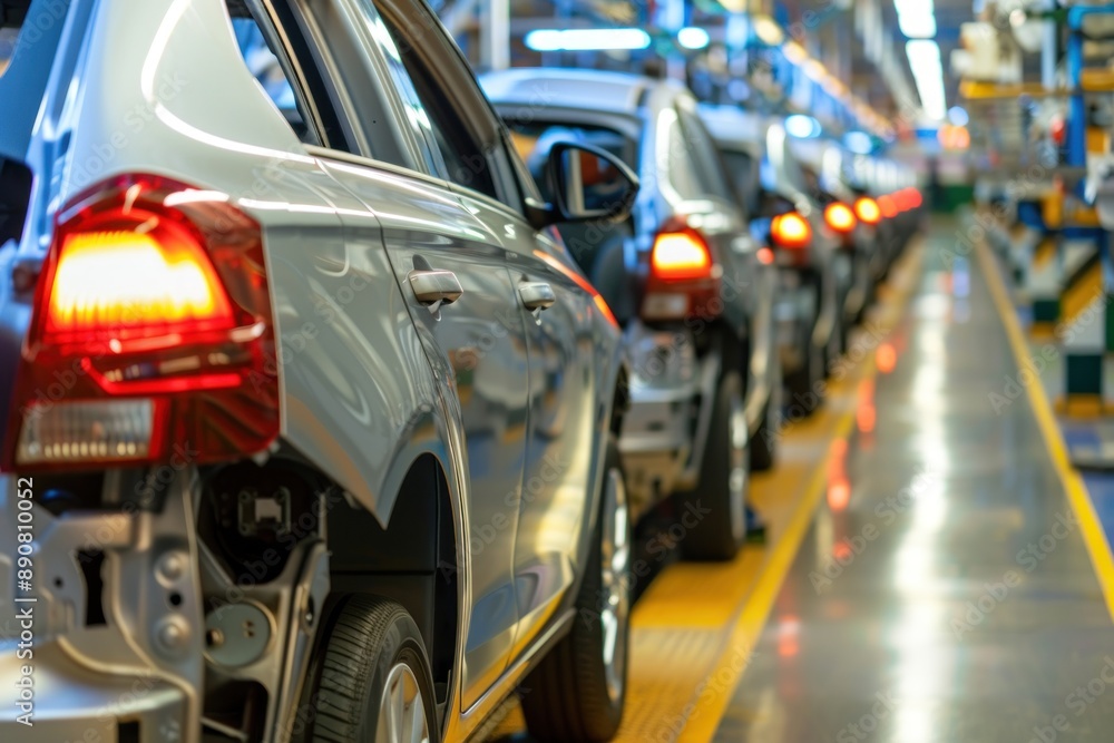 Mass production assembly line of modern cars in a busy factory Mass production assembly line of modern cars in a busy factory