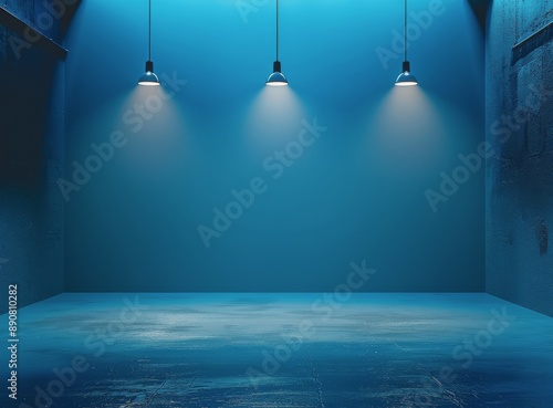 Three Hanging Lights Illuminating Empty Blue Room