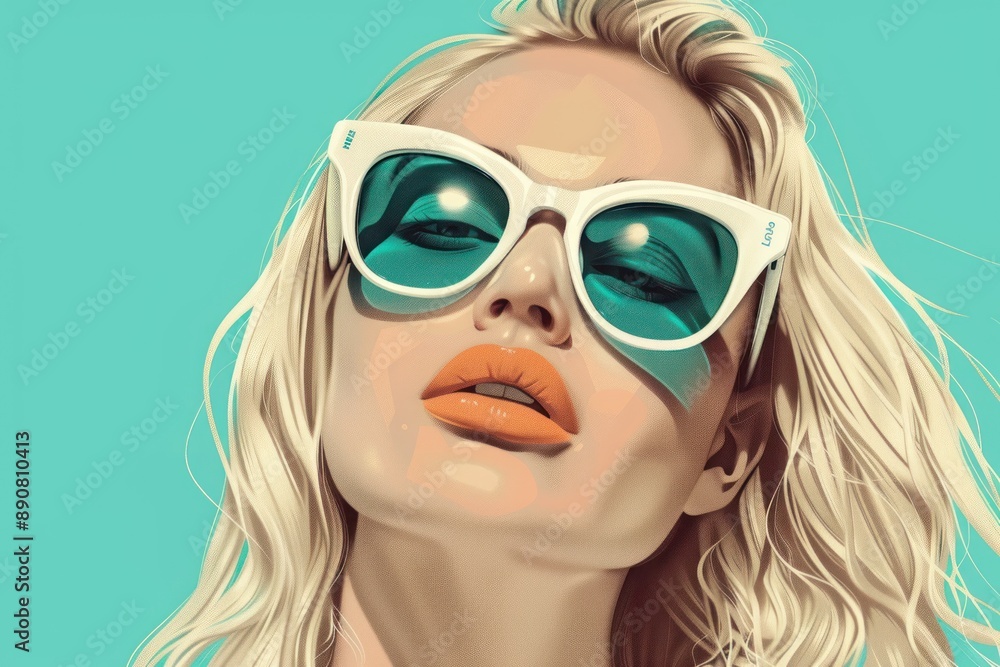 modern illustration with a blonde model with white designer sunglasses modern illustration with a blonde model with white designer sunglasses