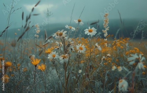 Daisies Blooming in a Field at Sunset