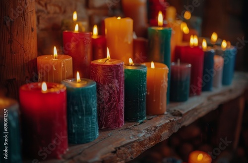 Four Burning Candles on a Rustic Wooden Shelf With Red Berries