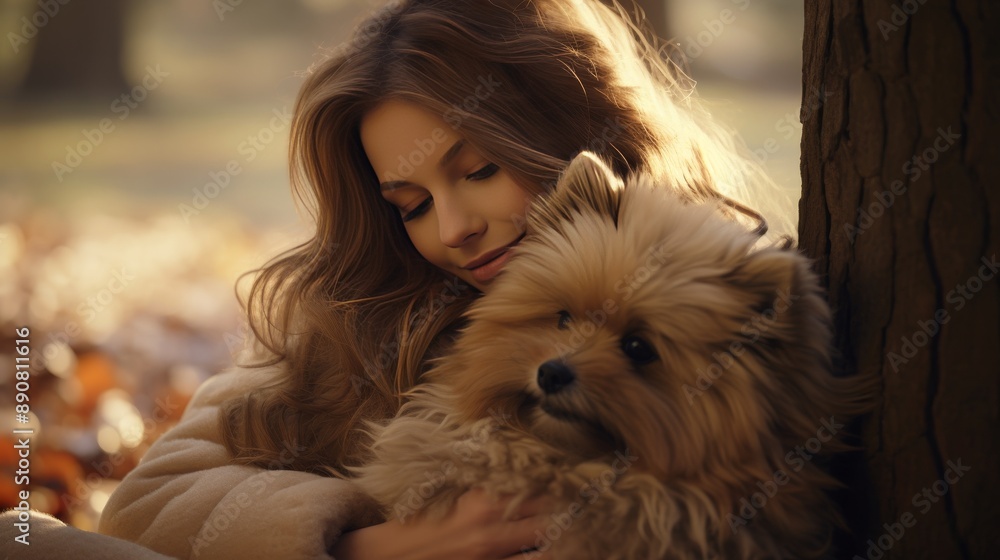 Young woman showing affection as she cuddles her canine companion in a peaceful park setting Young woman showing affection as she cuddles her canine companion in a peaceful park setting
