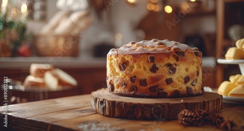 A Sliced Panettone Cake on a Silver Cake Stand in a Bakery Setting