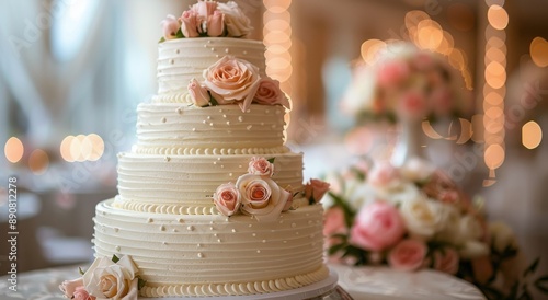 Four-Tier Wedding Cake Decorated With Pink and White Flowers at an Evening Re...