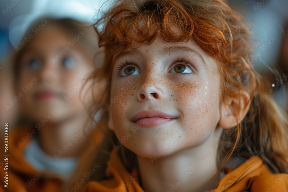 Obraz premium Young Girl With Red Hair Looking Up In Thoughtful Expression
