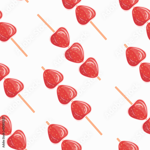 Strawberry tanghulu seamless pattern. Sugar coat street food, Asian viral dessert. Vector isolated on white background	