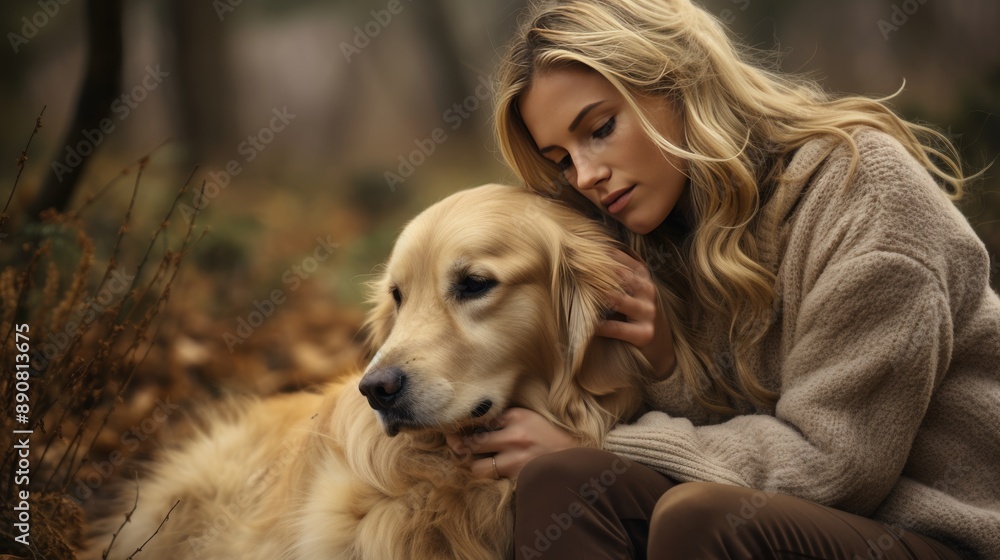 Young woman showing affection while hugging her pet dog in a tranquil park environment Young woman showing affection while hugging her pet dog in a tranquil park environment