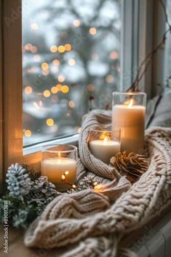 Cozy Winter Window With Candles and Knit Blanket