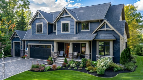 Modern Blue House with Lush Garden in Suburban Setting