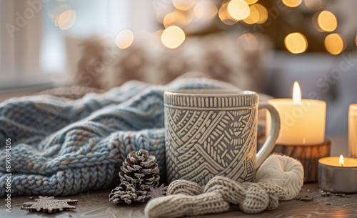 Cozy Winter Scene With Mug, Candles, and Knit Blanket