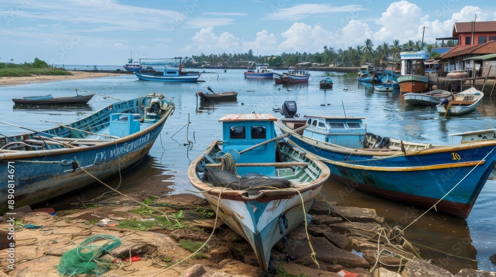 Obraz premium Beruwala, Sri Lanka - 10 February, 2017: Fishing boats stand in Beruwala Harbour, fish market in Bentota or Aluthgama area 