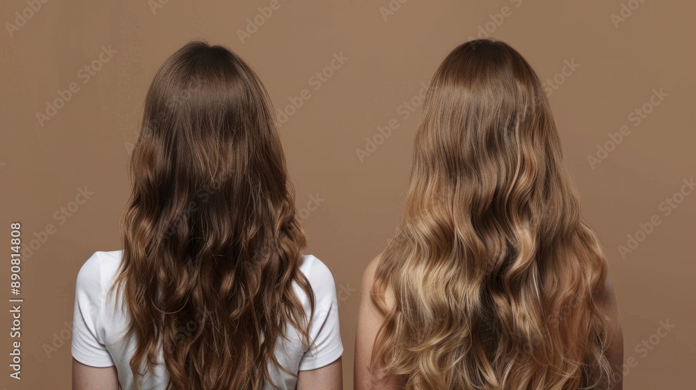 A woman's hair, frizz, and heat damage are shown isolated in a studio against a brown backdrop. Back, salon treatment, and woman displaying keratin treatment outcomes, both before and after a hairstyl A woman's hair, frizz, and heat damage are shown isolated in a studio against a brown backdrop. Back, salon treatment, and woman displaying keratin treatment outcomes, both before and after a hairstyl
