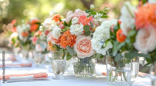 Tropical Flower Centerpiece on a White Tablecloth in a Garden Setting