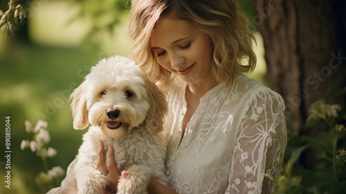 Young woman expressing affection to her pet dog, cuddling in a serene park setting