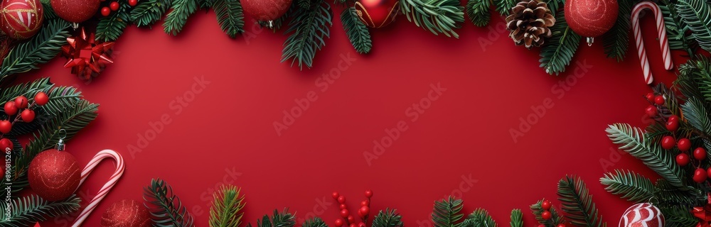 Red Christmas Background With Pine Branches, Ornaments, and Candy Canes Red Christmas Background With Pine Branches, Ornaments, and Candy Canes