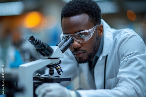 A Male Scientist Wearing Safety Glasses Looks Through a Microscope in a Laboratory