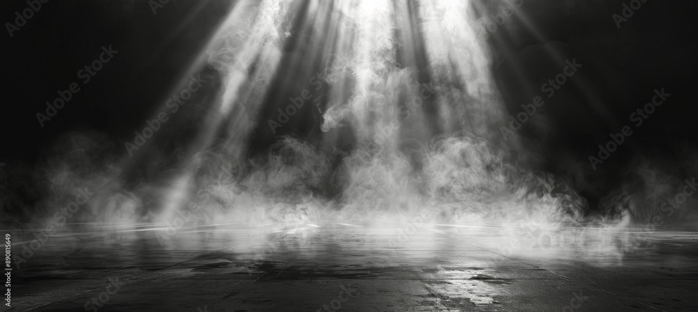A Single Beam of Light Pierces Through Dark Clouds Over a Misty Surface A Single Beam of Light Pierces Through Dark Clouds Over a Misty Surface