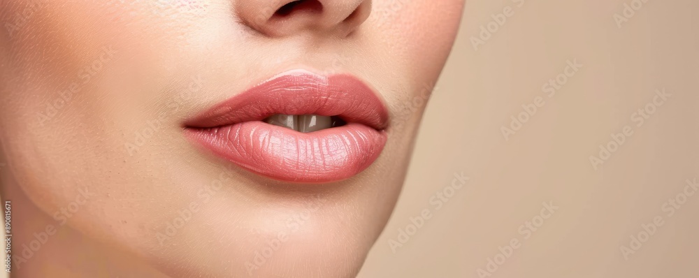 Fototapeta premium Close-up of glossy pink lips on a vibrant blue background. Free copy space for text.