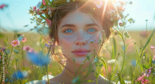 Young Woman With Flower Crown in a Field of Daisies on a Sunny Day
