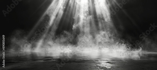 A Single Beam of Light Pierces Through Dark Clouds Over a Misty Surface