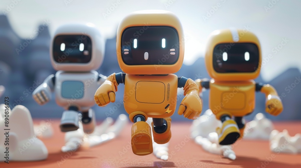 Three Cute Robots Running on Alien Terrain Three Cute Robots Running on Alien Terrain