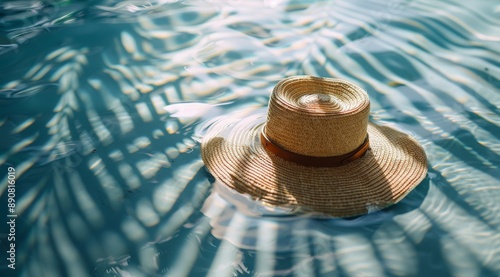 Straw Hat Floating in a Pool of Blue Water With Palm Tree Shadows