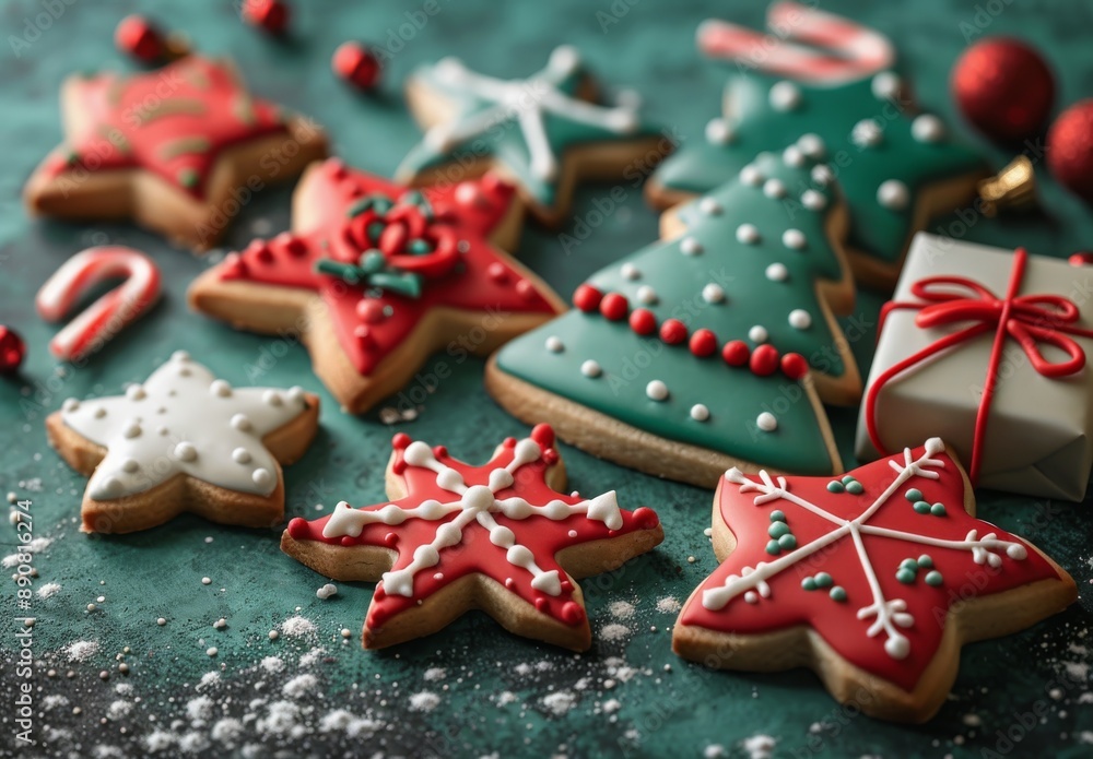 Decorated Christmas Cookies on Green Background Decorated Christmas Cookies on Green Background
