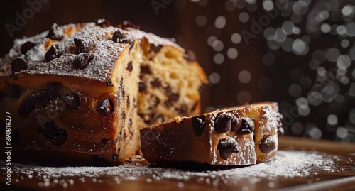 Chocolate Chip Bread Loaf With Powdered Sugar Sprinkles on Wooden Table