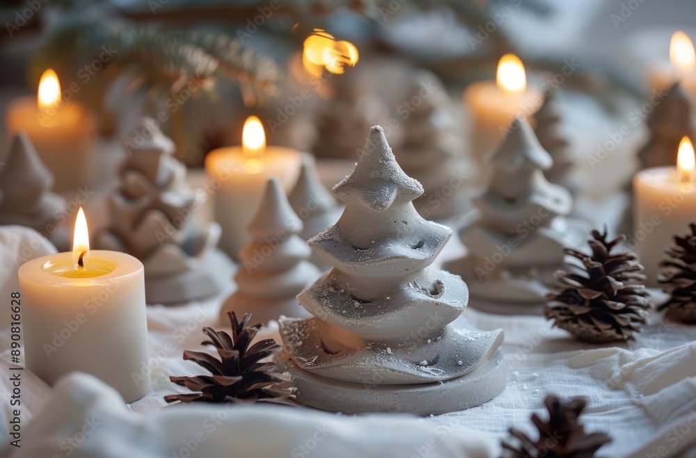 White Ceramic Christmas Tree Candle Holders With Lit Candles White Ceramic Christmas Tree Candle Holders With Lit Candles