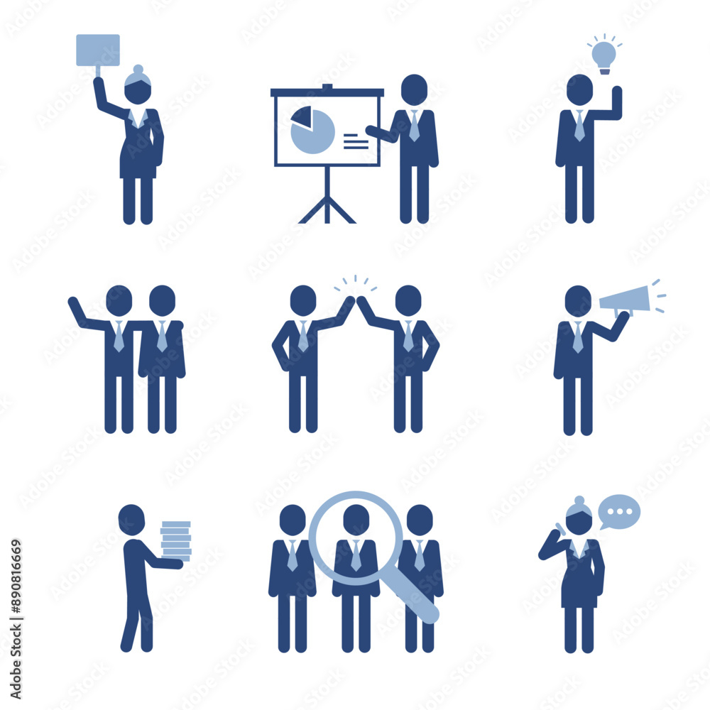 Business people icon pictograms. Leadership training, meeting and corporate career. Modern simple style pictogram concept. Blue color characters set. Simple material design for web and website. Business people icon pictograms. Leadership training, meeting and corporate career. Modern simple style pictogram concept. Blue color characters set. Simple material design for web and website.