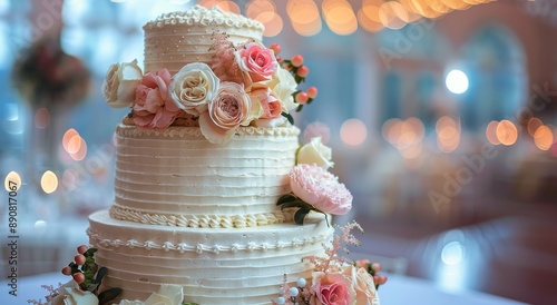 Four-Tier Wedding Cake Decorated With Pink and White Flowers at an Evening Re...