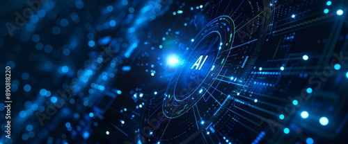 AI technology on black background. Futuristic, dark artificial intelligence concept with text 