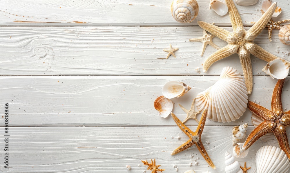A blue and white background with a variety of seashells and starfish. Free copy space for text. A blue and white background with a variety of seashells and starfish. Free copy space for text.
