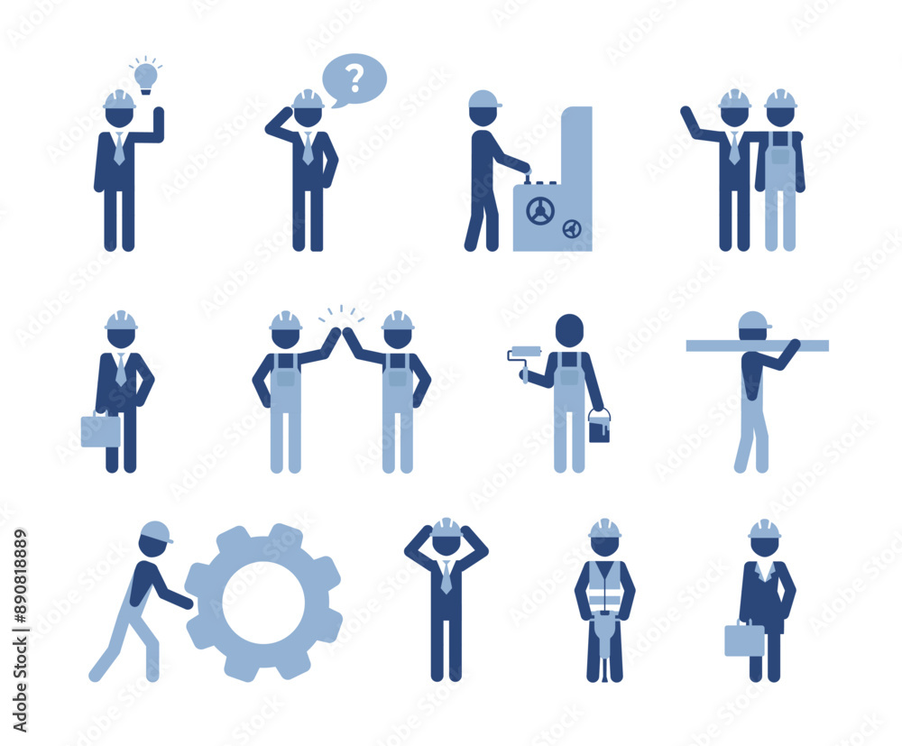 Isolated vector icons set of blue pictogram men in reflecting orange vest and white safety helmet, white background. Building and construction characters set. Isolated vector icons set of blue pictogram men in reflecting orange vest and white safety helmet, white background. Building and construction characters set.