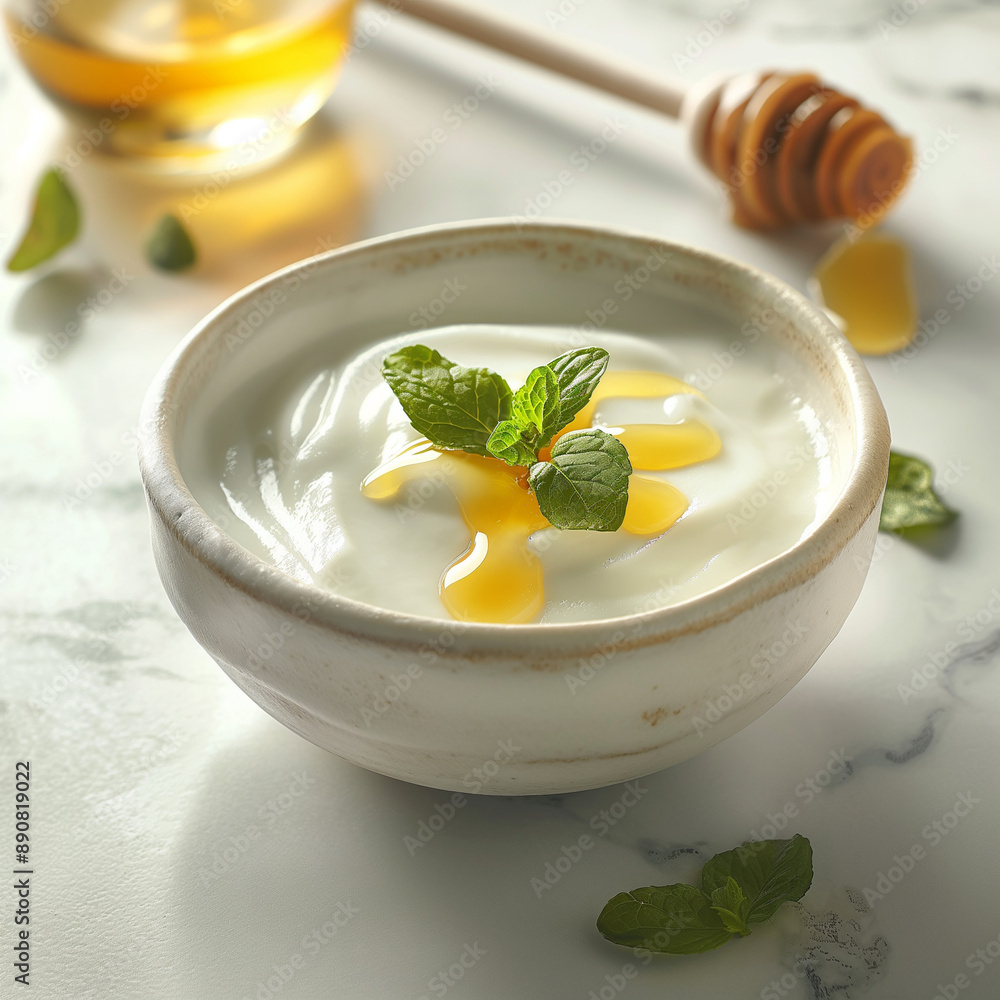 Bowl of yogurt with honey and mint on marble table
Bowl of yogurt with honey and mint on marble table