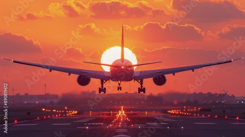 Airplane Landing at Sunset