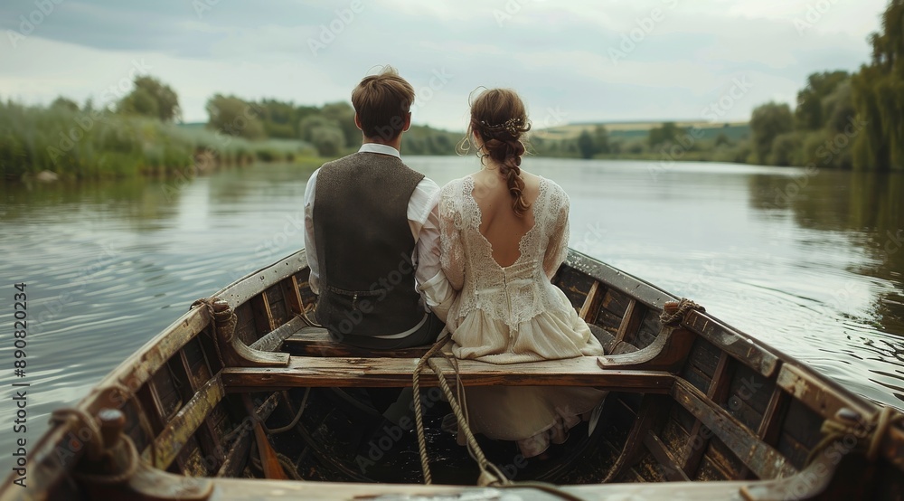 Couple In A Wooden Rowboat On A River With Lush Greenery Couple In A Wooden Rowboat On A River With Lush Greenery