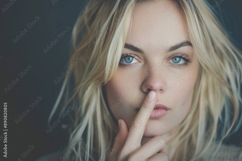 Shush Hand. Blonde Woman Silencing with Gesture in Quiet Gesture Shush Hand. Blonde Woman Silencing with Gesture in Quiet Gesture