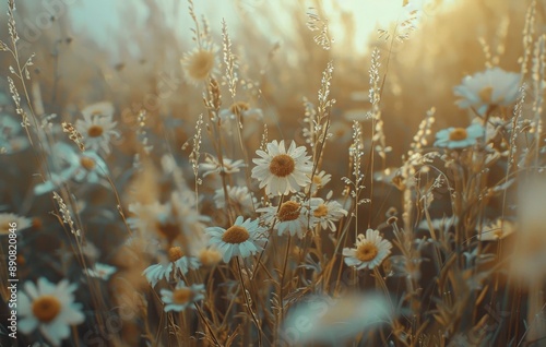 Daisies Blooming in a Field at Sunset